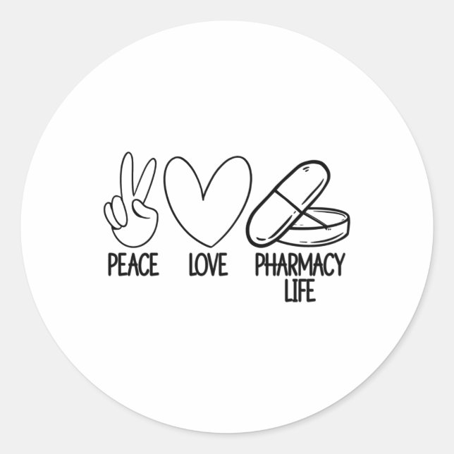Sticker Rond Peace Love Pharmacy Life Tech Pharmacist Medicine (Devant)