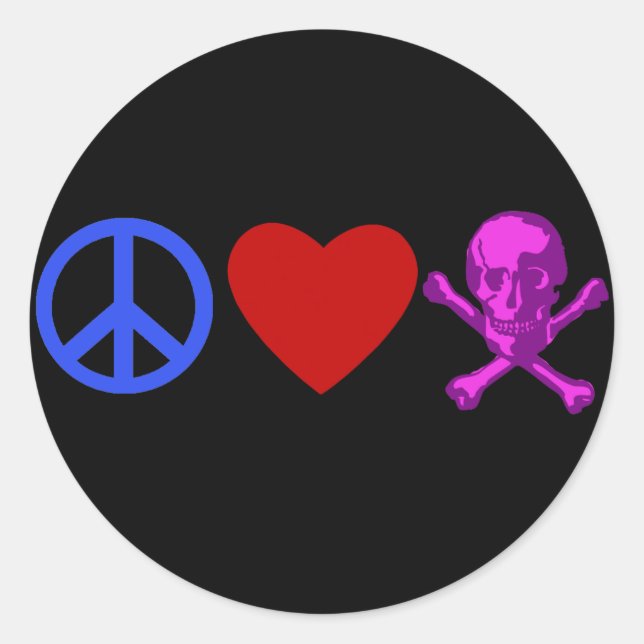 Sticker Rond Peace Love Pirates T-shirts, Mugs, Cadeaux (Devant)