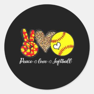 Sticker Rond Peace Love Softball Leopard Softball Player Girl
