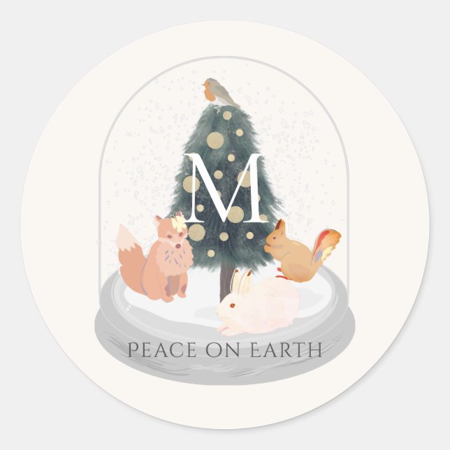 Sticker Rond Peace Woodland Animaux Globe des neiges Monogramme (Devant)