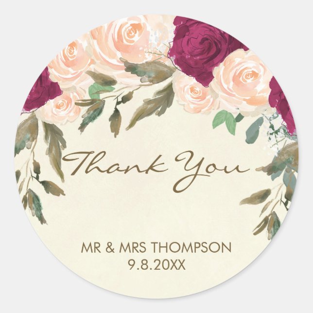Sticker Rond peach burgundy floral merci les faveurs autocollan (Devant)