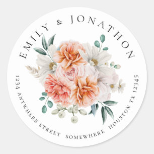 Sticker Rond Peach Peonies Florals Nom de retour Adresse