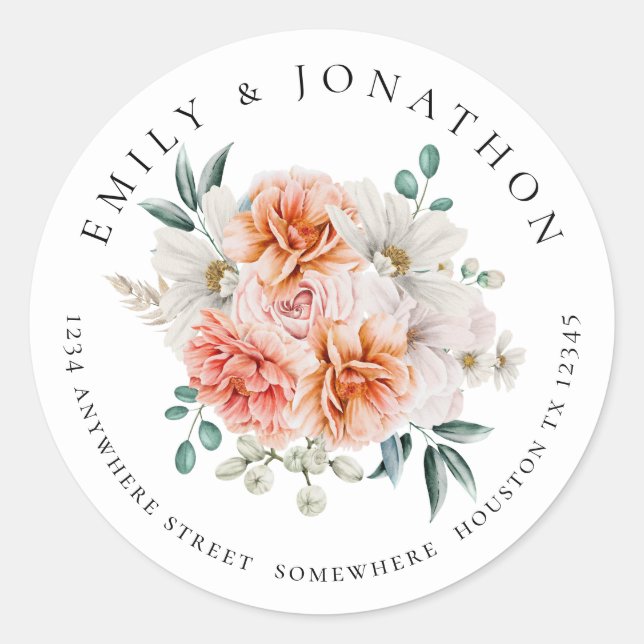 Sticker Rond Peach Peonies Florals Nom de retour Adresse (Devant)