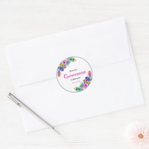 Sticker Rond Peacock Feathers & Fleurs Quinceañera Blanc