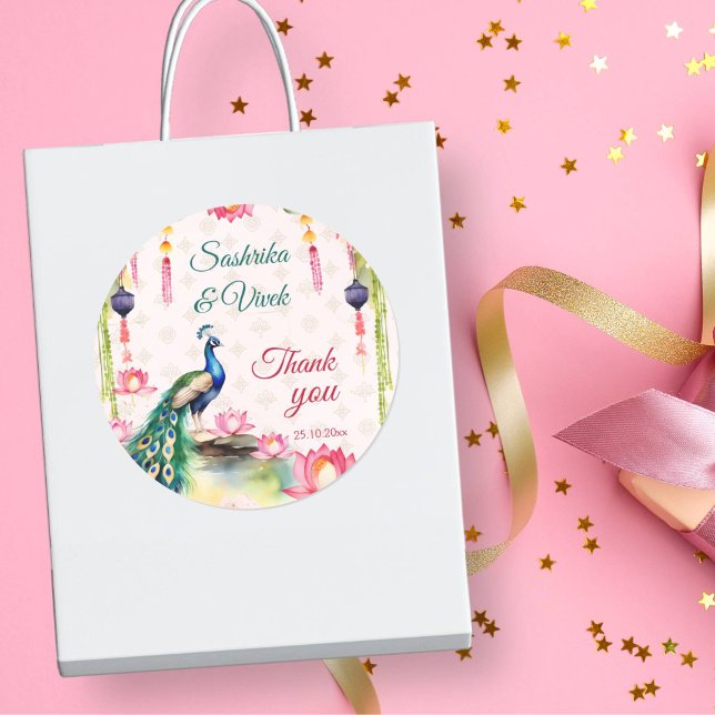 Sticker Rond Peacock lotus mariage indien merci pour (Peacock lotus Indian wedding thank you favor gift Sticker thank you stickers wedding stickers)