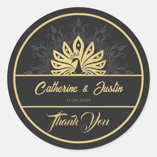 Sticker Rond Peacock or et Mariage noir Art déco moderne (Devant)