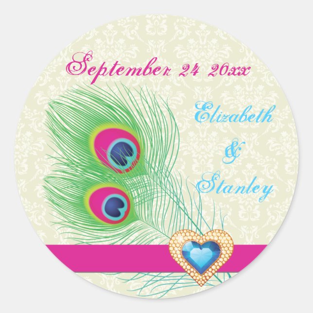 Sticker Rond Peacock plumes bijou coeur mariage Enregistrer la  (Devant)