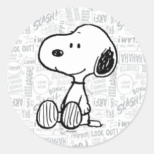 Sticker Rond PEANUTS Snoopy on Black White Comics