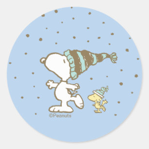 Sticker Rond Peanuts Snoopy & Woodstock Patinage d'hiver