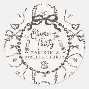 Sticker Rond Pearls Prosecco Black Coquette Bow Anniversaire Fa