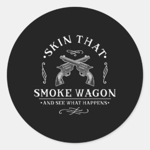 Sticker Rond Peau T Fumée Wagon Occidental Distressed Revolver 