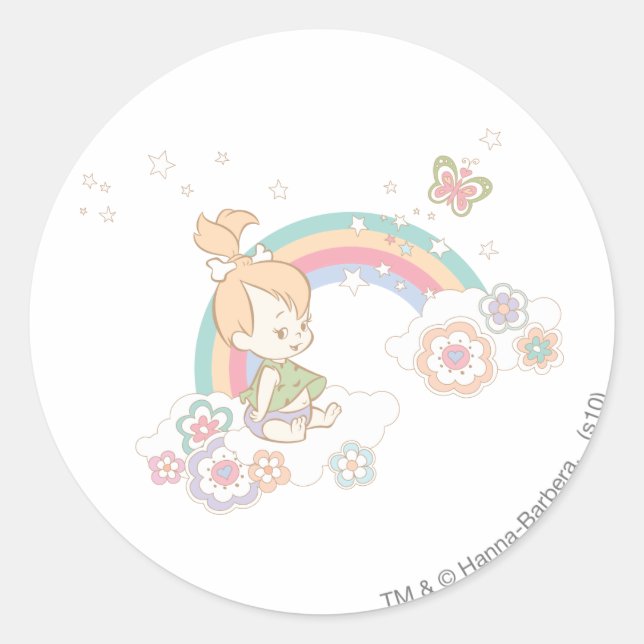 Sticker Rond PEBBLES™ Arc-en-ciel et nuages de fleurs (Devant)
