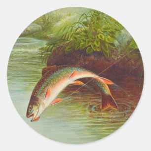 Sticker Rond Pêche à la truite de ruisseau vintage illustré