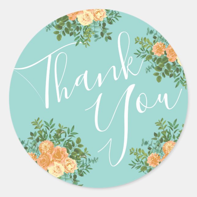 Sticker Rond Pêche Aqua Turquoise Mariage Roses Floral (Devant)