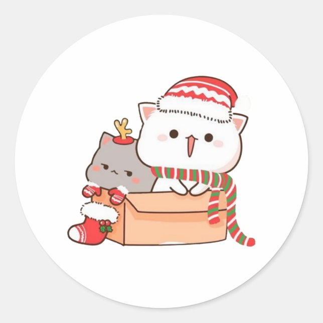 Sticker Rond Pêche Et Goma Mochi Chat, Joyeux Noël (Devant)