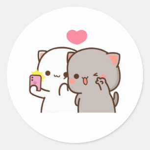 Sticker Rond Pêche Et Goma Mochi Ours Couple Selfie