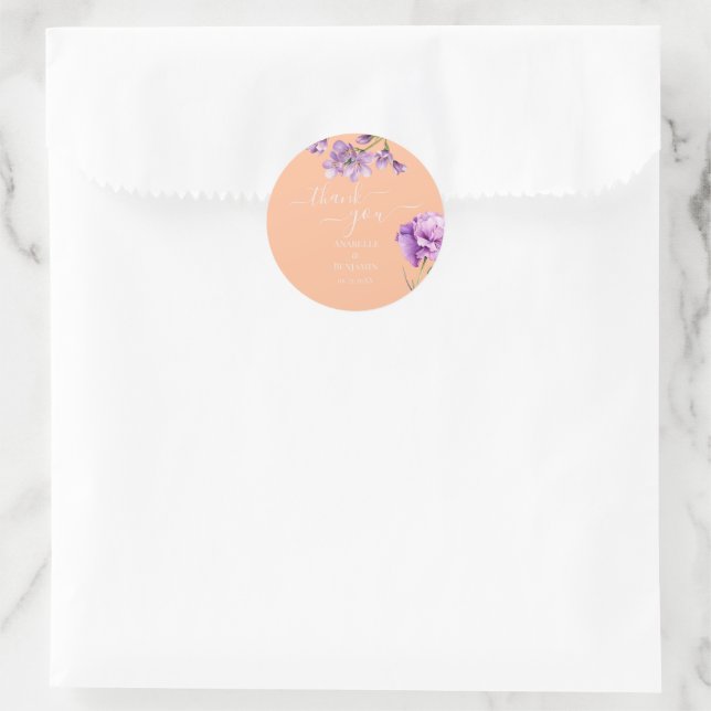 Sticker Rond Pêcher Fuzz et Lilac Mariage floral (Sac)