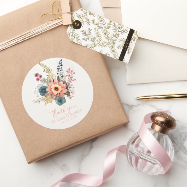 Sticker Rond Pêcher le Merci Mariage Floral (Cadeaux)