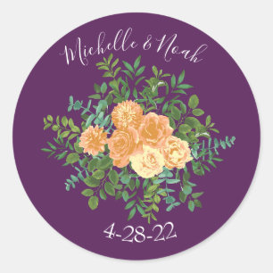 Sticker Rond Pêcher Mariage violet Roses floraux