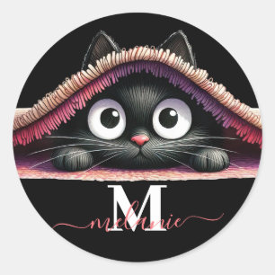 Sticker Rond Peek-a-Boo Kitten Nom et Monogramme Filles'