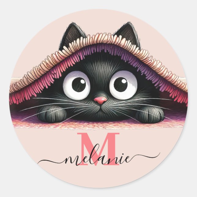 Sticker Rond Peek-a-Boo Kitten Script Name Monogram Girls'  (Devant)