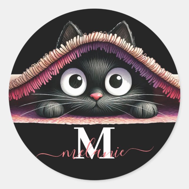 Sticker Rond Peek-a-Boo Kitten Script Name Monogram Girls' (Devant)