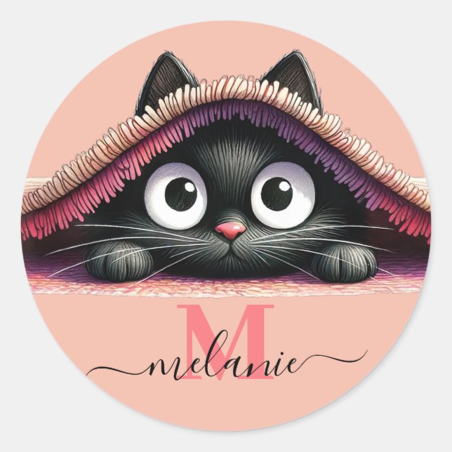 Sticker Rond Peek-a-Boo Kitten Script Name Monogram Girls'  (Devant)