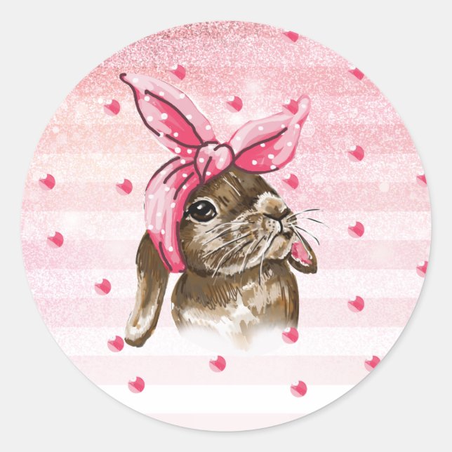 Sticker Rond Peint à la main Bunny rose (Devant)