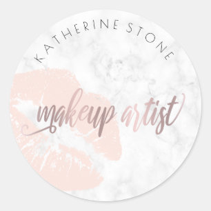 Sticker Rond Peintre de maquillage rose en marbre blanc aux lè