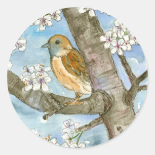 Sticker Rond Peinture aquarelle de l'arbre à fleurs d'oiseaux d