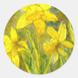 Sticker Rond Peinture aquarelle, Fleurs Jaunes, Daffodiles