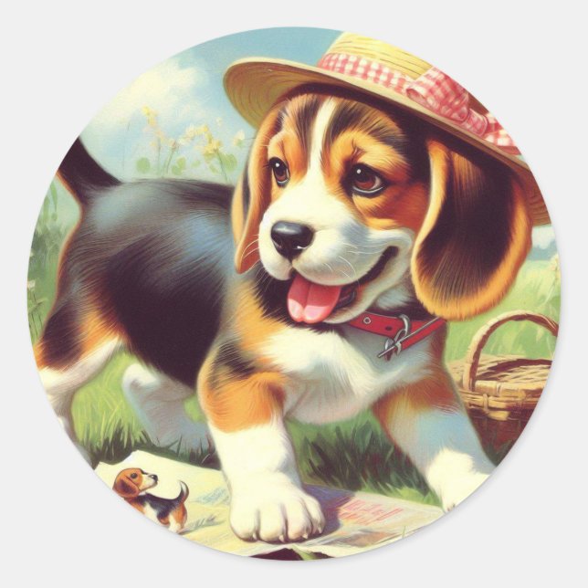 Sticker Rond Peinture Beagle sur chiot (Devant)