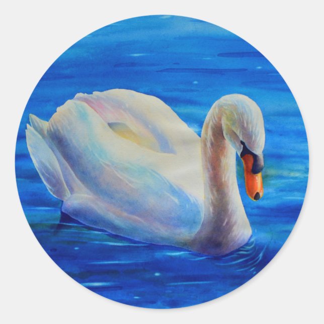 Sticker Rond Peinture d'aquarelle de cygne blanc, sauvagine, oi (Devant)