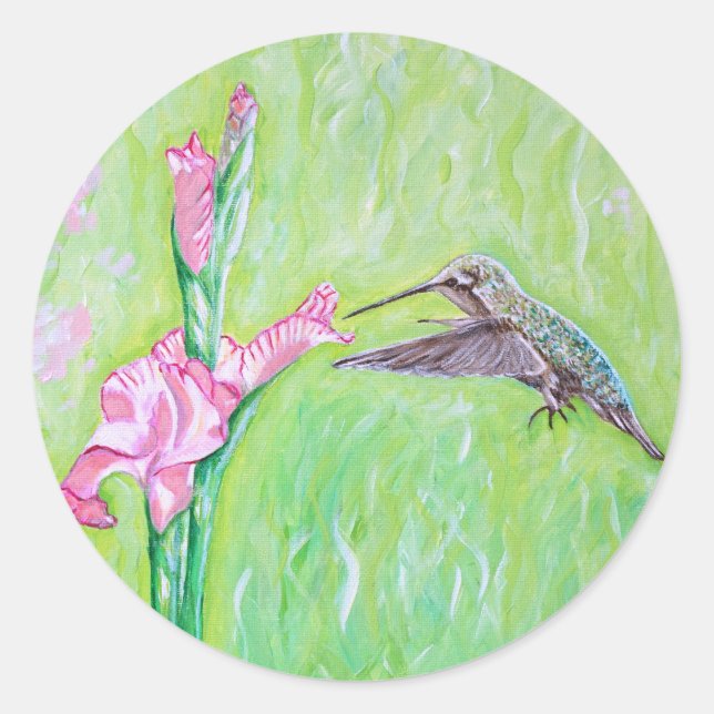 Sticker Rond Peinture de colibri et de gladioli (Devant)