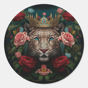 Sticker Rond Peinture de Jaguar avec Couronne de Fleurs