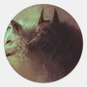 Sticker Rond Peinture de loup noir et de loup blanc.