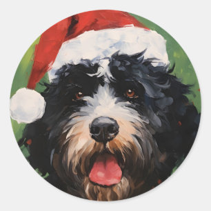 Sticker Rond Peinture de Noël pour chien d'eau portugais