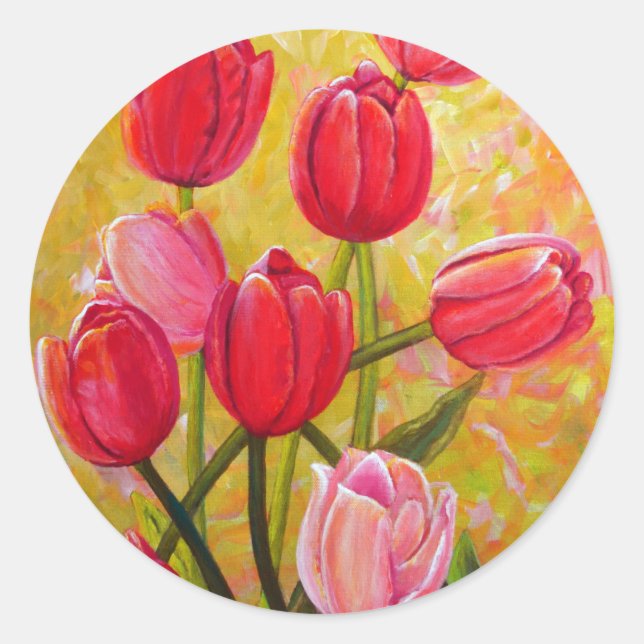 Sticker Rond Peinture de tulipes roses et rouges (Devant)