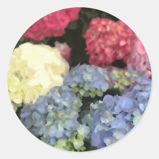 Sticker Rond Peinture numérique à fleurs bleu et rose Hydrangea (Devant)