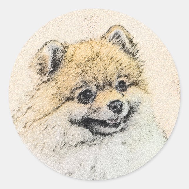 Sticker Rond Peinture Poméranienne (orange) - Art Chien origina (Devant)