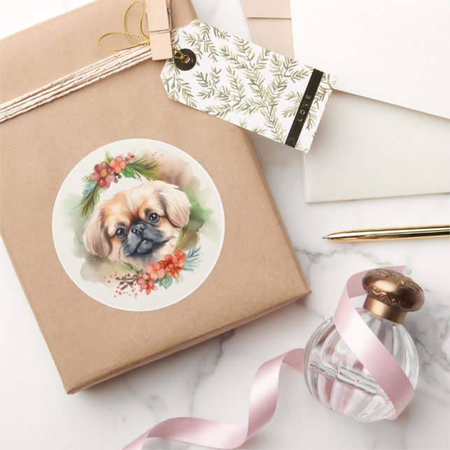 Sticker Rond Pekingese Christmas Wreath Festive Pup (Cadeaux)