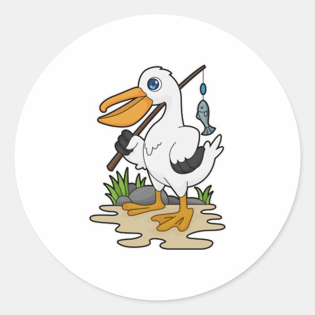 Sticker Rond Pélican comme pêcheur avec la baguette de pêche et (Devant)