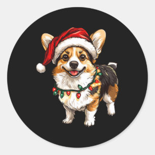 Sticker Rond Pembroke Welsh Corgi Santa Arbre de Noël Lumières 