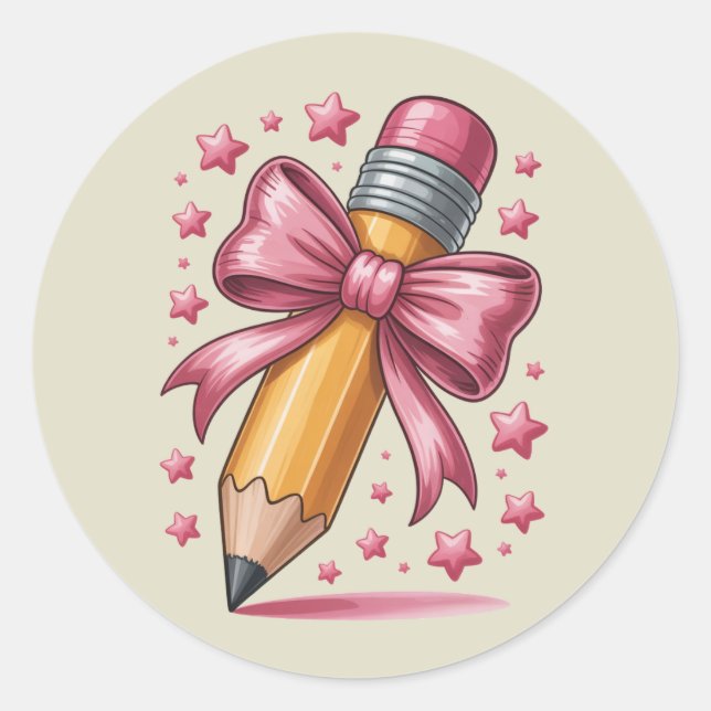 Sticker Rond Pencil Coquette Bow Enseignant Appréciation School (Devant)