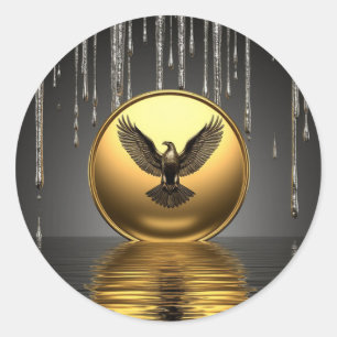 Sticker Rond Pendentif Aigle Doré Ruisselant de Métal Liquide 