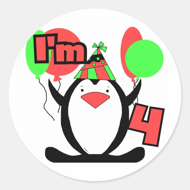 Sticker Rond Penguin I'm 4 Tshirts et cadeaux (Devant)