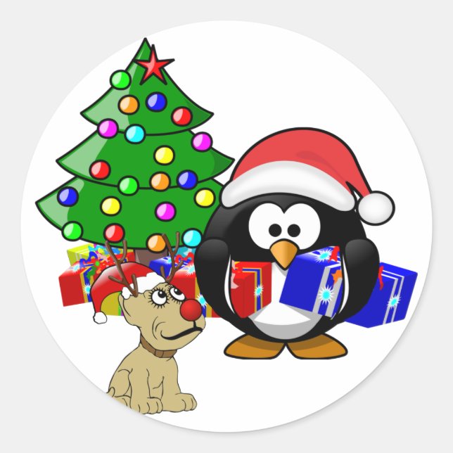 Sticker Rond Penguin Père Noël et Reindeer Chien (Devant)