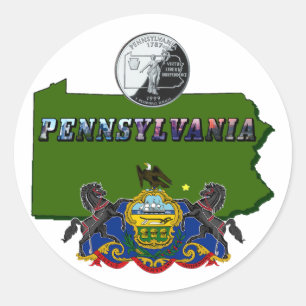 Sticker Rond Pennsylvanie Carte, trimestre, drapeau et texte de