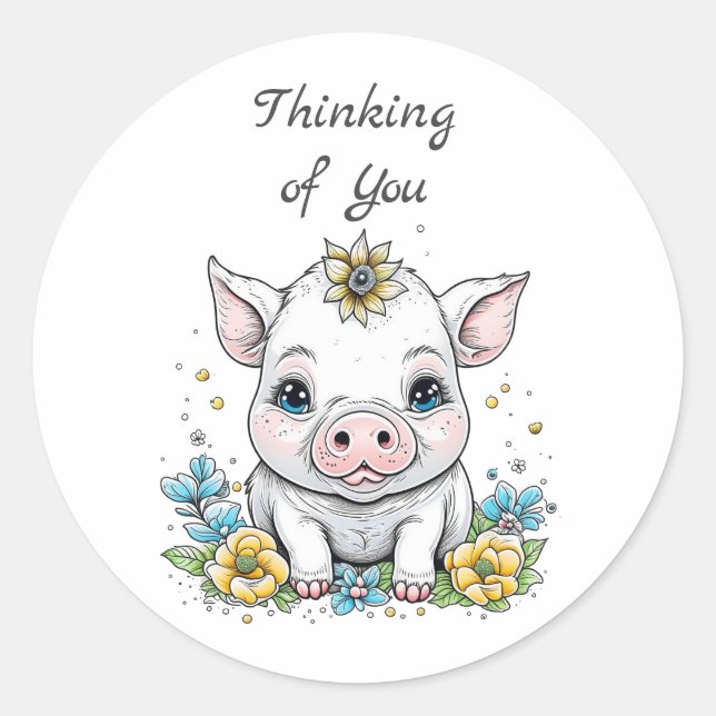 Sticker Rond Pense à toi ! Cochon mignon avec Fleur sur sa tête (Devant)