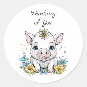 Sticker Rond Pense à toi ! Cochon mignon avec Fleur sur sa tête